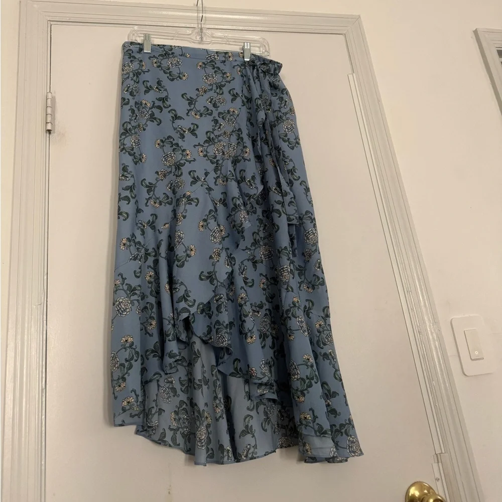 Blue Floral Faux Wrap Midi Skirt